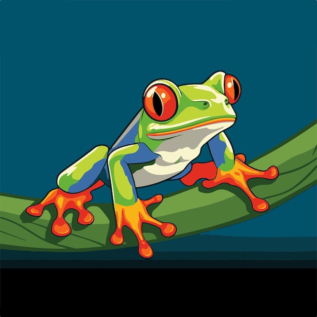 A green frog with red eyes sits on a branch.