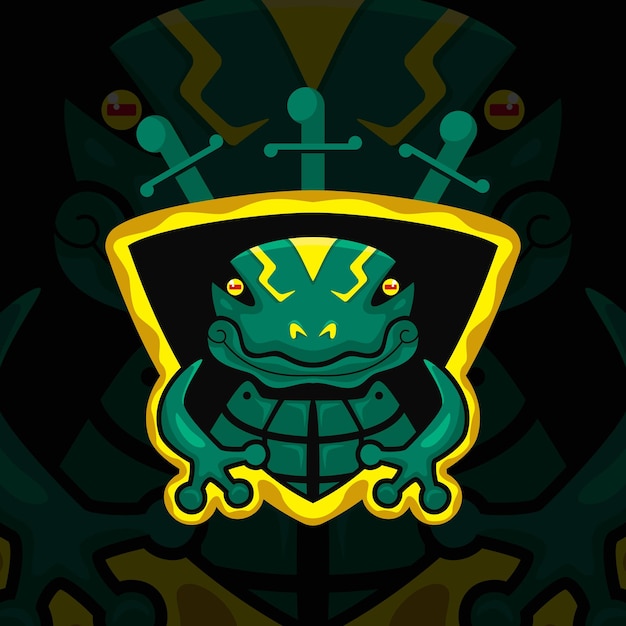 green frog with shield and swords illustration. creative, animal, cartoon and mascot style