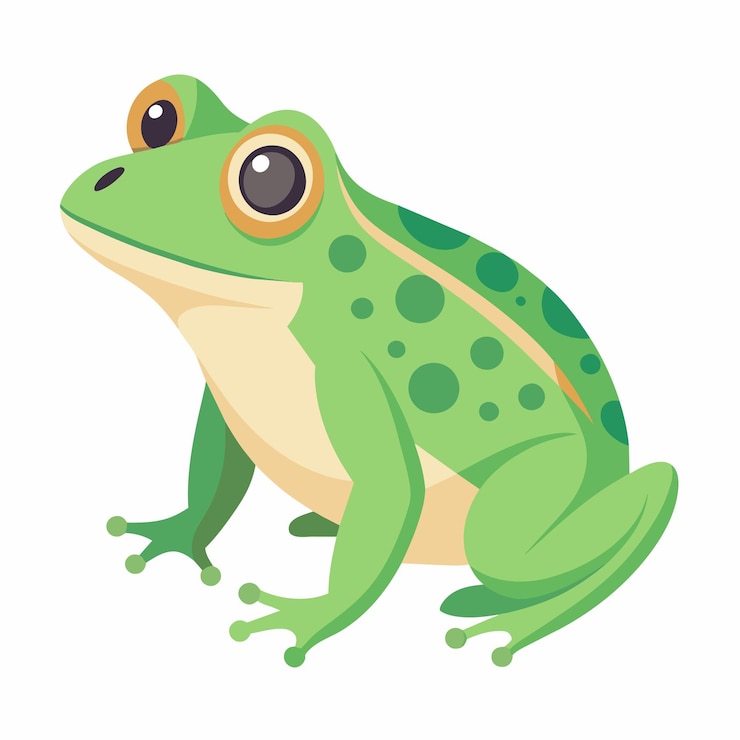a green frog with a yellow eye and a brown eye and a yellow background