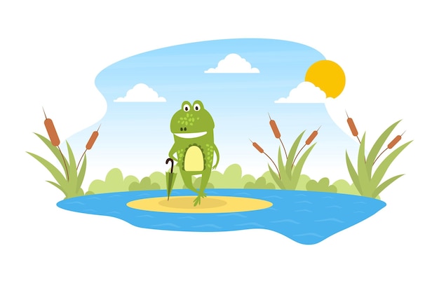 푸른 웃긴 개구리가 연못의 잎 위에 우산을 들고 서 있다 귀여운 양서류 생물 캐릭터 릴리 패드에 포즈를 취하고 있다 만화 터 일러스트레이션