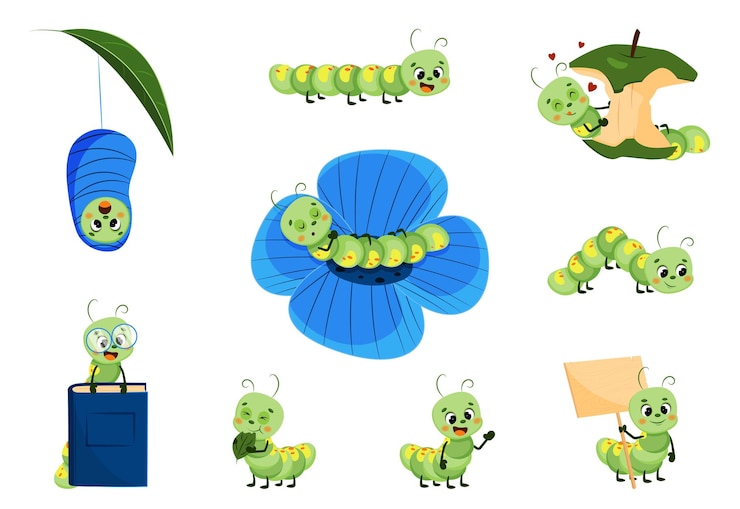 Vector green funny smiling cute caterpillar collection insect character for baby and children
