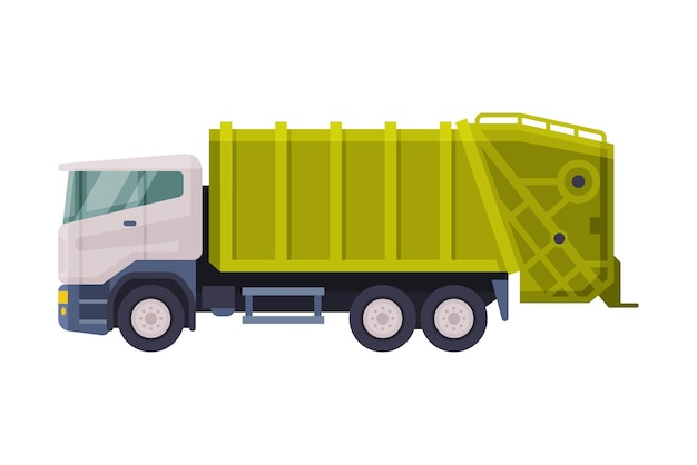 Зелёный мусорный грузовик санитарный транспортное средство сбор мусора транспортировка и переработка концепция плоская