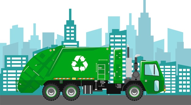 Vettore veicolo per camion della spazzatura verde con simbolo di riciclo sullo sfondo del paesaggio urbano moderno in stile piatto