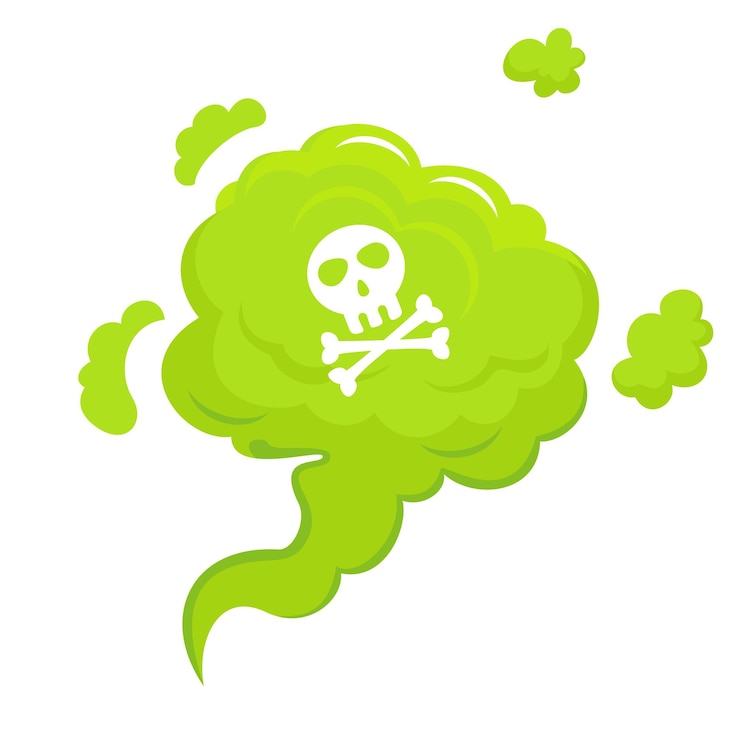 Vector green gas with a skull icon smelling green cartoon fart cloud illustration with cross bone skull bad