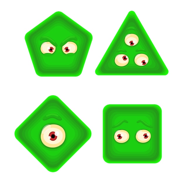 Green geometric shapes set with face emotions Square triangle rhombus hexagon forms with eyes