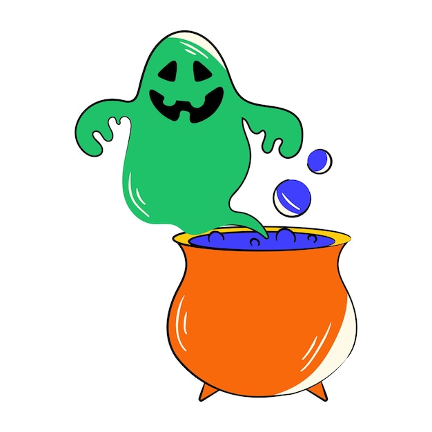 A green ghost is sprinkled with purple liquid next to a pot of purple liquid.