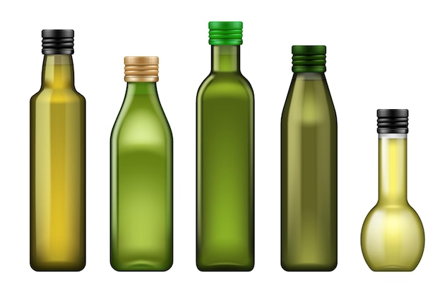 Bottiglie di vetro verde di olio di mais girasole oliva