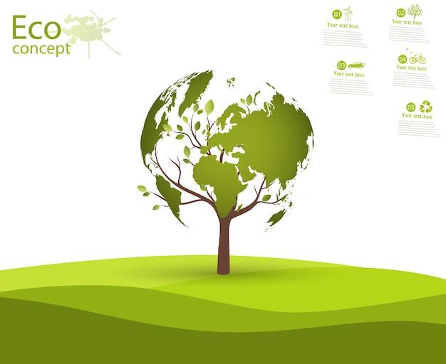 Green globe on the tree Tree with globe on grass Eco friendly The concept of ecology