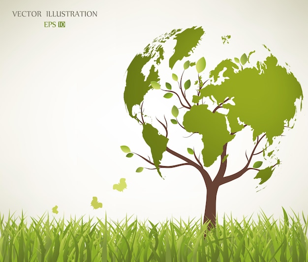 Green globe on the tree Tree with globe on grass Eco friendly The concept of ecology