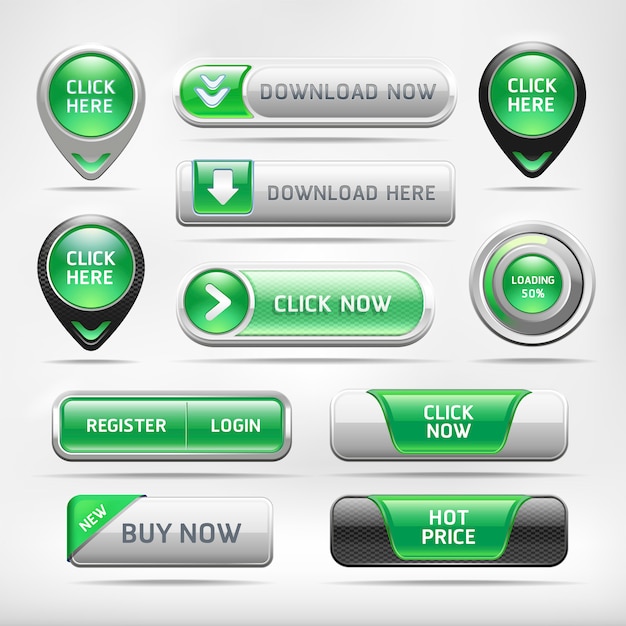 Vector green glossy web elements button set