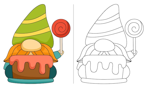 Vector green gnome ready to eat cake and holding candy coloring page for children activities