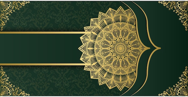a green and gold card with a floral pattern on it.
