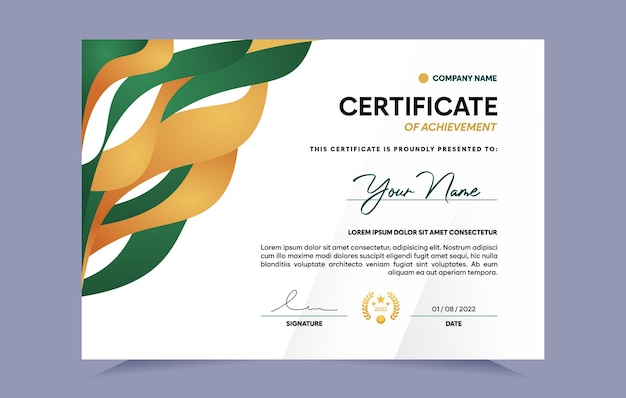 Green and gold certificate of achievement template. For award, business, and education needs