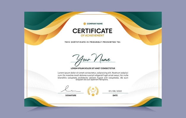 Green and gold certificate of achievement template. For award, business, and education needs