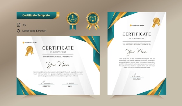 Vector green and gold certificate of achievement template for award business and education needs