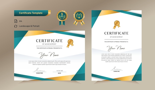 Vector green and gold certificate of achievement template for award business and education needs