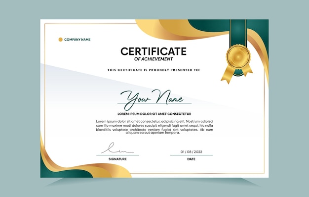 green and gold certificate of achievement template set with gold badge and border