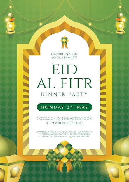 A green and gold poster for eid fitr dinner party.