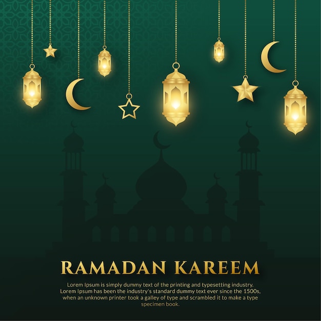 Green and gold ramadan kareem or eid mubarak arabic with islamic ornament, lantern, moon