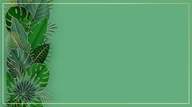 Green and gold tropical leaves on green background