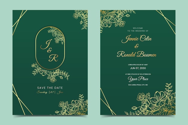 Vector green and gold wedding stationery template