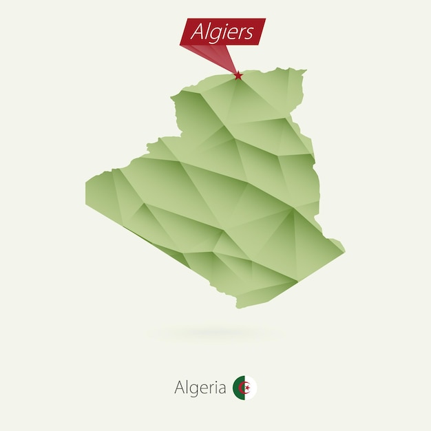 Green gradient low poly map of Algeria with capital Algiers