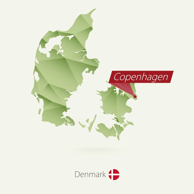 Green gradient low poly map of Denmark with capital Copenhagen