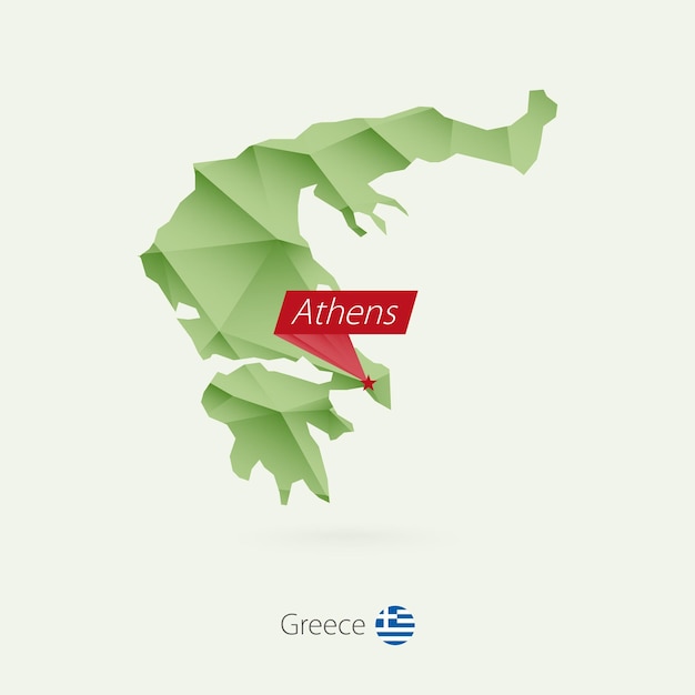 Green gradient low poly map of Greece with capital Athens