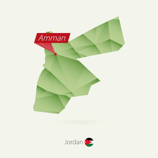 Зеленая градиентная низкополигональная карта Иордании со столицей Амман