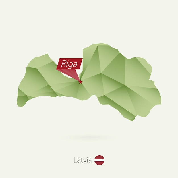 Green gradient low poly map of Latvia with capital Riga