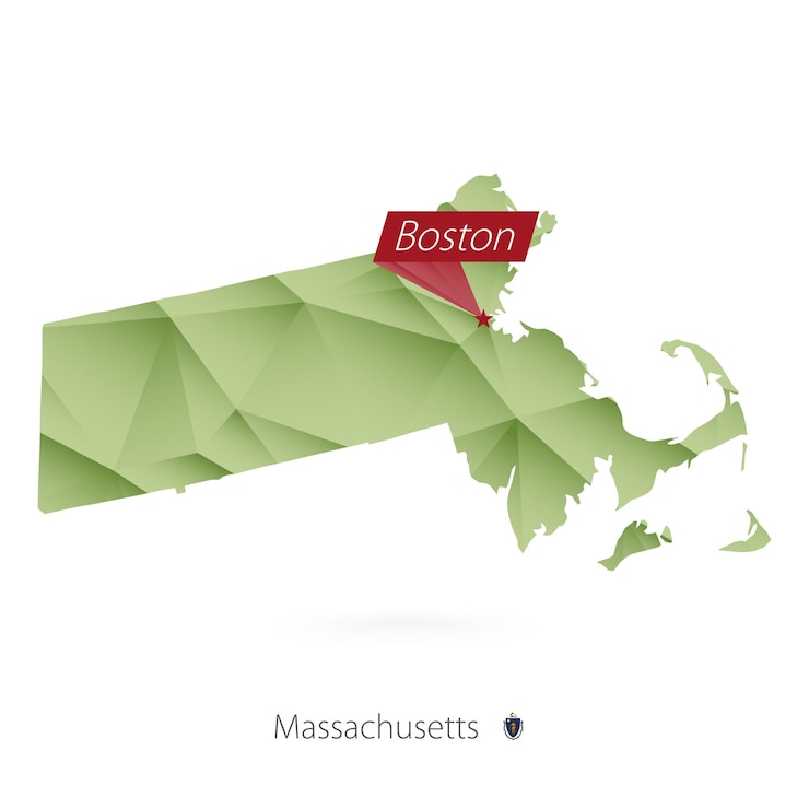 Vector green gradient low poly map of massachusetts with capital boston