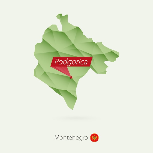 Green gradient low poly map of Montenegro with capital Podgorica