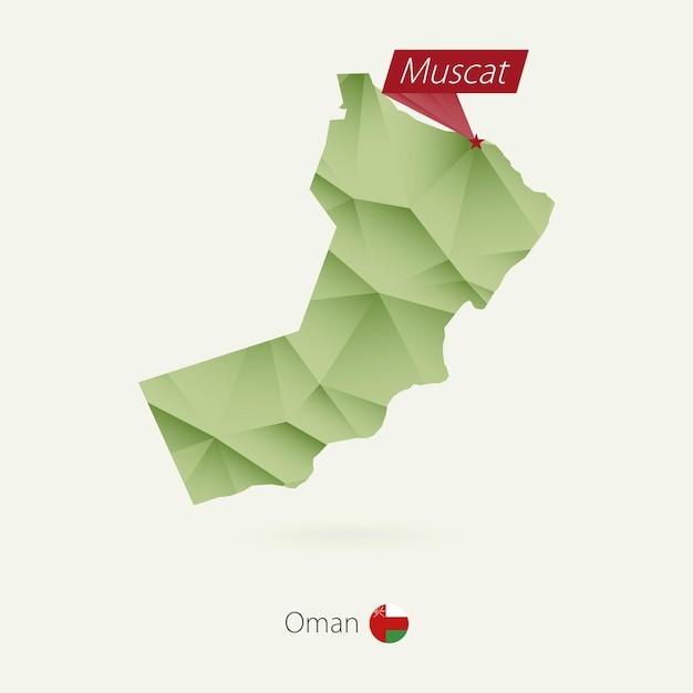 Green gradient low poly map of oman with capital muscat