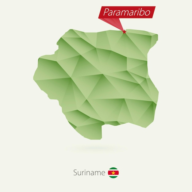 수도 Paramaribo가 있는 수리남의 녹색 그라데이션 낮은 폴리 지도