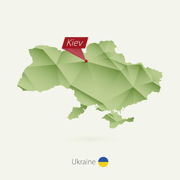 Green gradient low poly map of Ukraine with capital Kiev