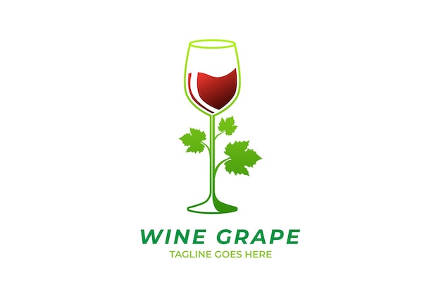 ワインウイスキーガラスロゴデザインベクトルと緑のブドウの葉