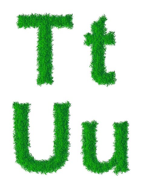 Green grass alphabet, big and small letters T, U