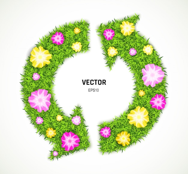 白い背景の上の緑の草と花の矢印。エコ持続可能な開発の記号またはリサイクルシンボル。 3dイラストレーション