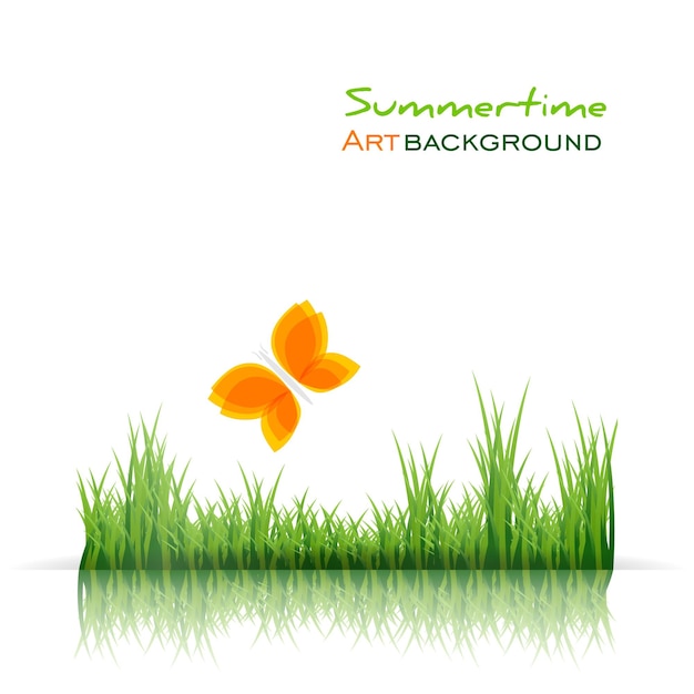 Vector green grass border and orange butterfly on white background spring or summer landscape natural banner flat vector eco illustration in minimalist design