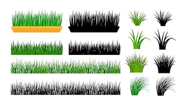 Vector green grass. bushes, spring meadow and planting in pot.
