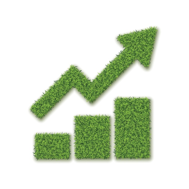 白い背景の上の緑の草の成長チャート。矢印の図と草の3つのバー