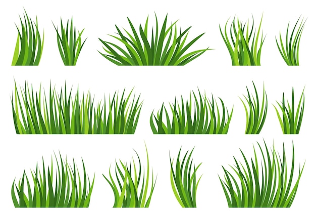 Зеленая трава газон мультяшный набор газон природа сад эко элемент пастбища поле листва изолированы на белом различные формы цветочные горизонтальные композиции летний сезон травяной луг сельский пейзаж