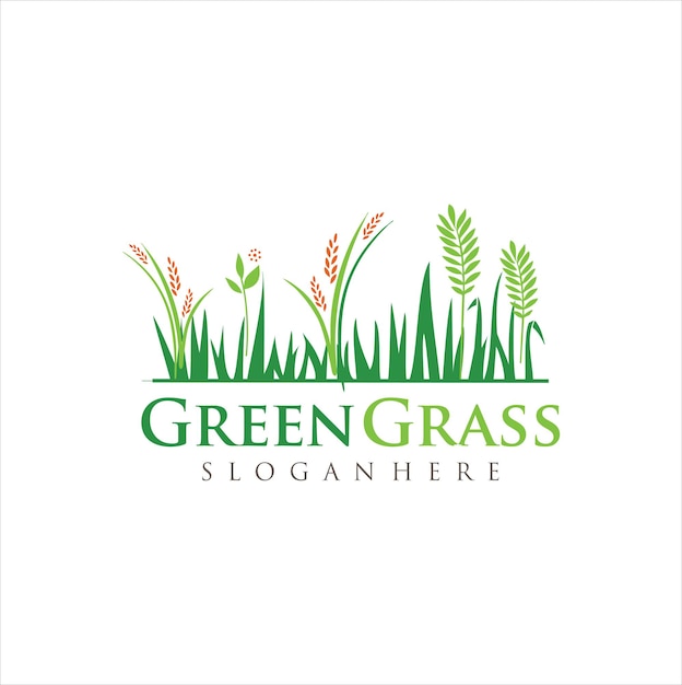自然の緑の草の芝生のロゴデザインイラスト