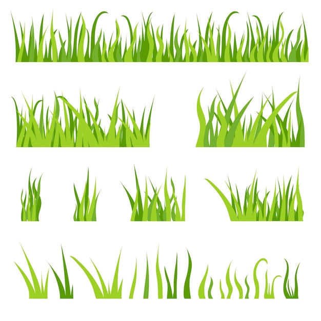 緑の草のパターンを設定します。植物やハーブ、野原や芝生の土壌で成長している葉のベクトルイラスト。白で隔離の漫画の春または夏の花のボーダー。自然、環境の概念
