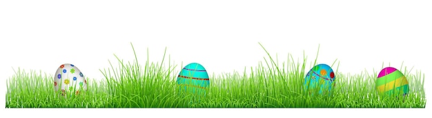 Green grass with Easter eggs isolated on white background