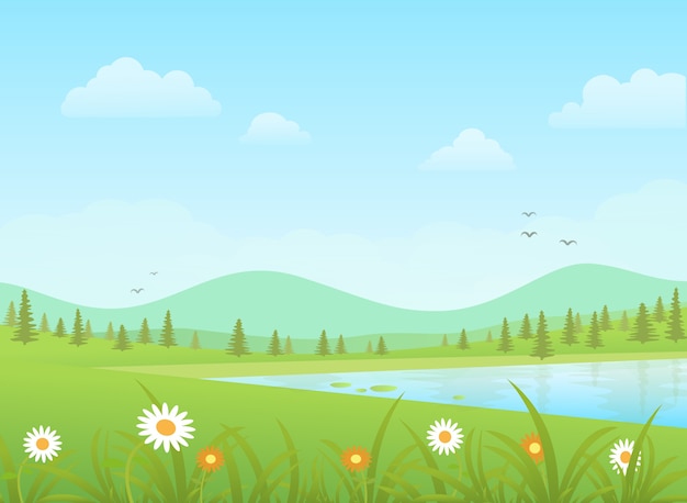 Vector green grass with flowers and blue lake on a mountains background