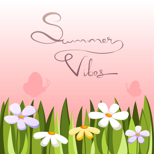 Green grass with flowers and butterflies on the background sunset vector summer vibes illustration