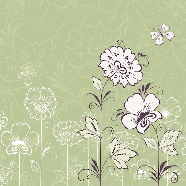 Green greeting card with delicate flowers