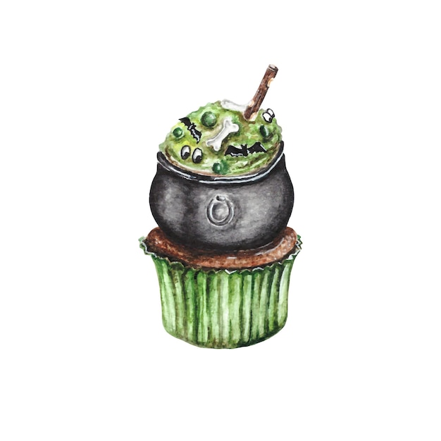 green halloween watercolor cupcake