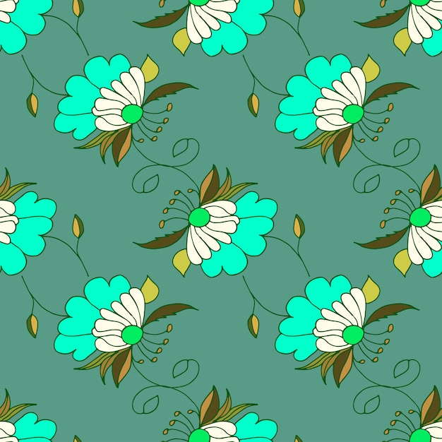 Green hand drawn seamless pattern with flowers